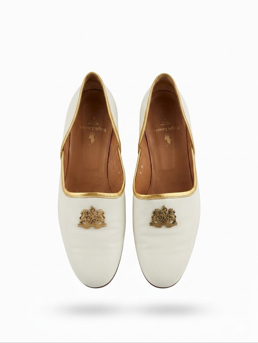 Vintage Ralph Lauren White Leather Gold Crest Loafers Made In Italy, 8B - Picture 4 of 10
